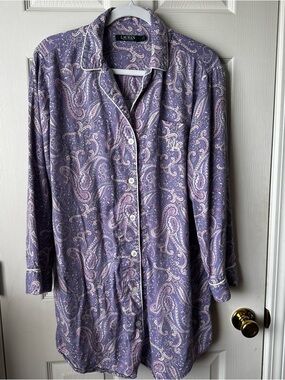 Lauren Ralph Lauren Nightgown Night Shirt Sleep Dress Paisley Button Up Large